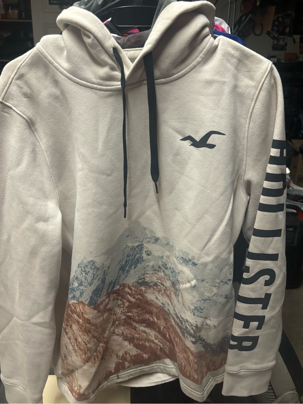 Hollister Cream Hoodie with Mountain Graphic and Black Accents